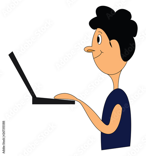 Man is looking at laptop hand drawn design, illustration, vector on white background.