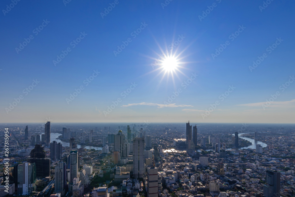 The Metropolitan Bangkok City - Aerial  view urban tower Bangkok city Thailand on April 2019 ,landscape Sun and blue sky background , Cityscape Thailand