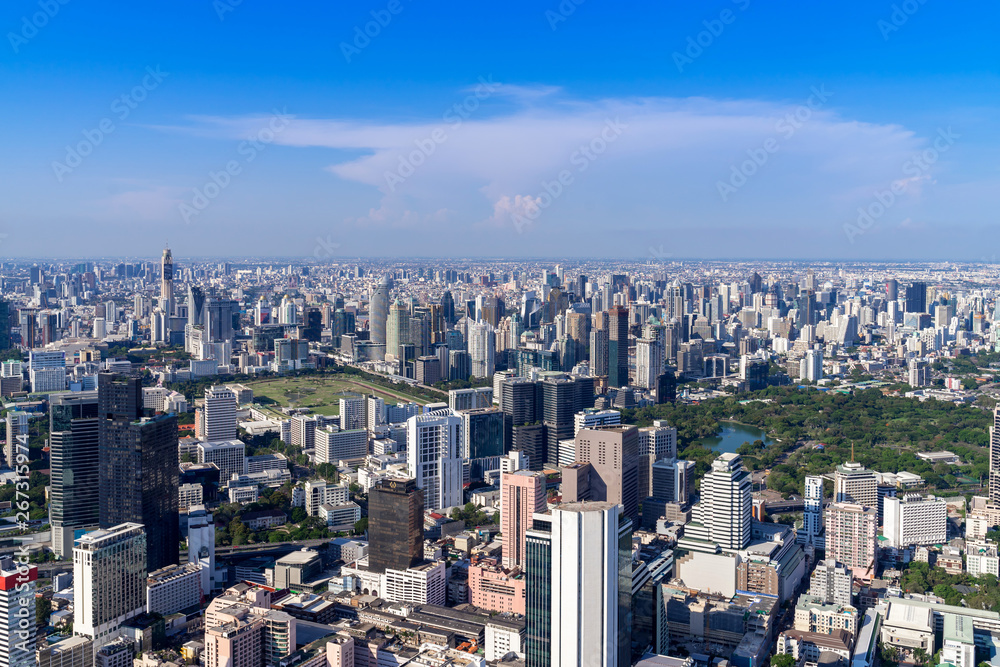 Obraz premium The Metropolitan Bangkok City - Aerial view urban tower Bangkok city Thailand on April 2019 , blue sky background , Cityscape Thailand