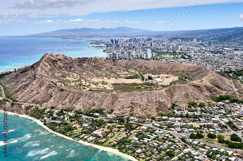A view of Diamond Head and city of Hawaii, USA seen from the sky.