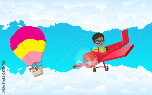 Childrens on the plane and hotair balloon on the sky