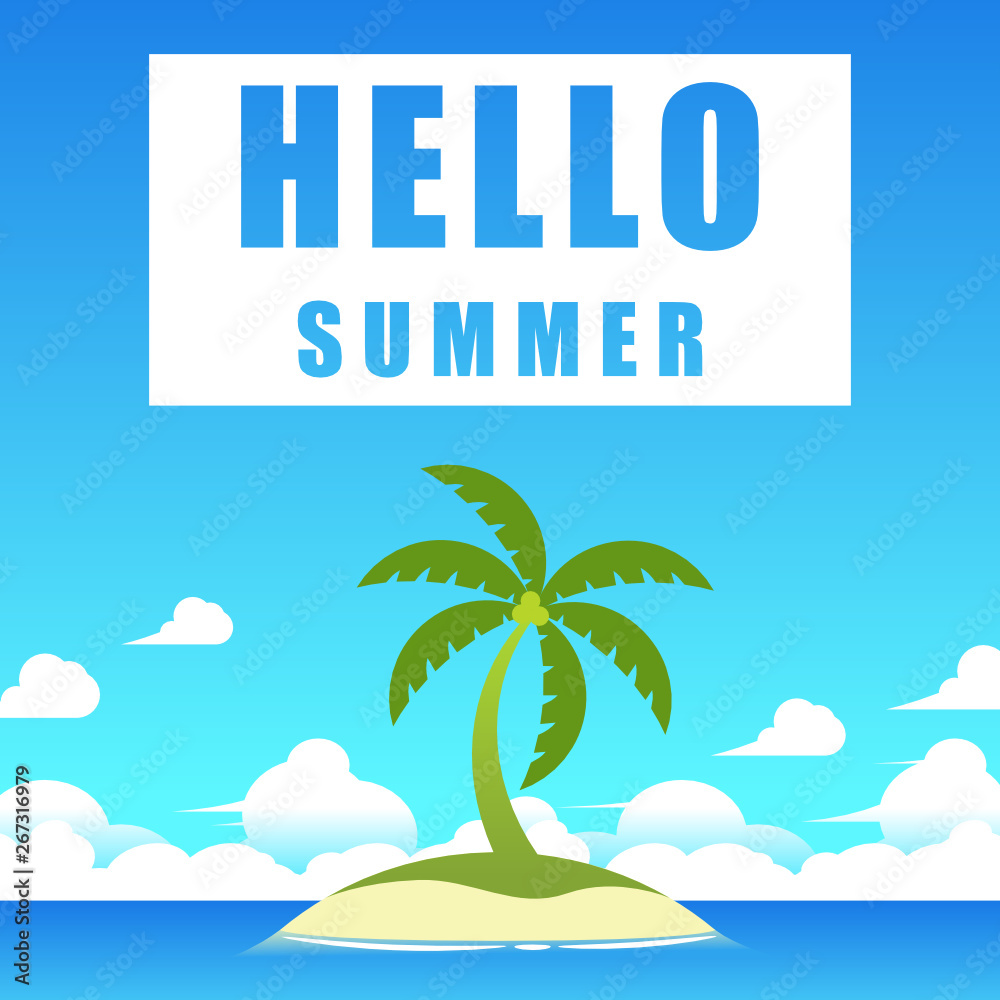 Obraz premium Summer illustration vector, coconut tree on island on ocean and cloud.