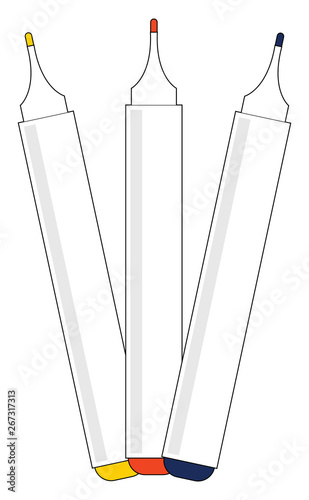 Markers for whiteboard/Sketch drawing of three board markers left opened without a cap, vector or color illustration