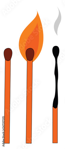Clipart of three matchsticks, unburnt, glowing and put off aligned over white background, vector or color illustration