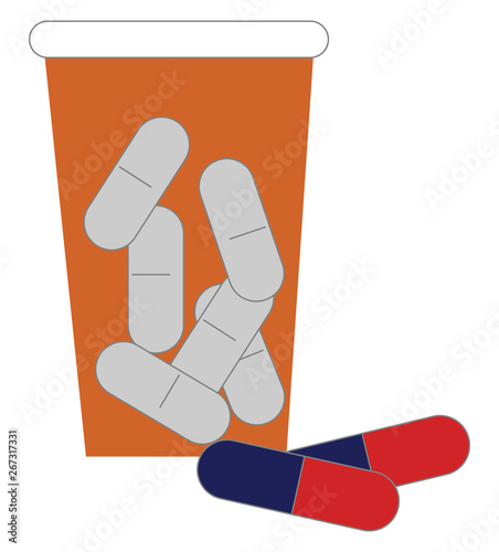 Clipart of the medicines in and out of the smart pill brown container, vector or color illustration