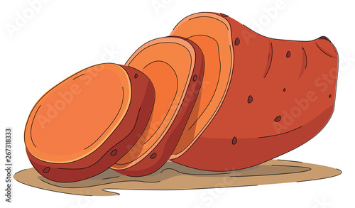 Cartoon picture of the sweet potato half-cut into slices, vector or color illustration