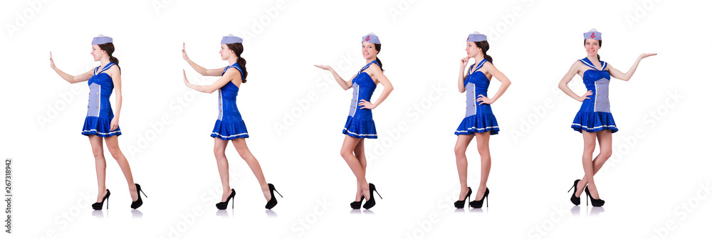 Woman in costume pushing virtual obstacle Woman in costume pushing virtual obstacle
