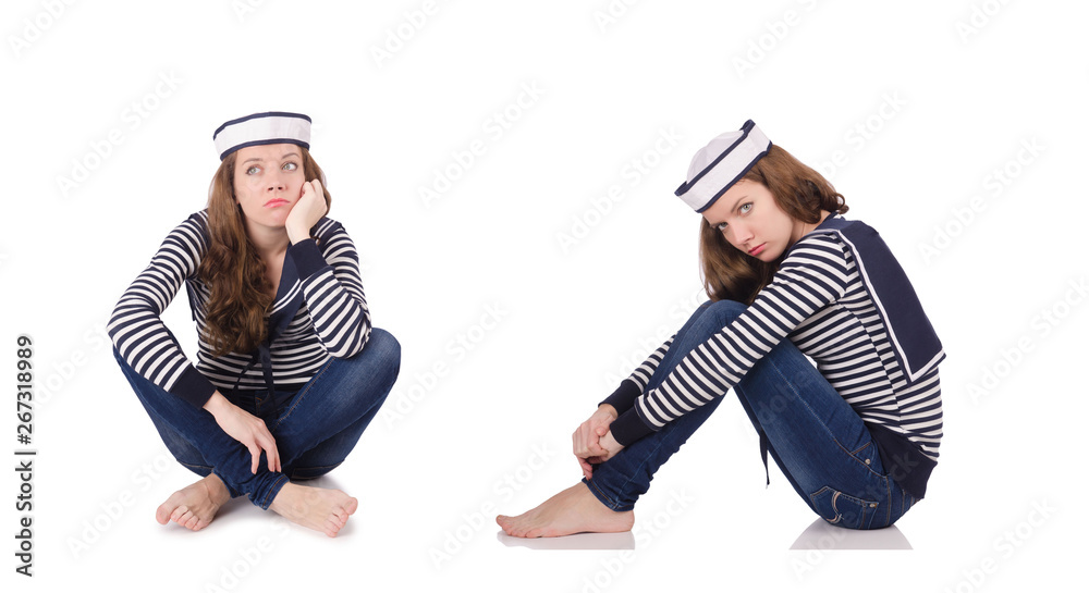 Fototapeta premium Young woman sailor isolated on white