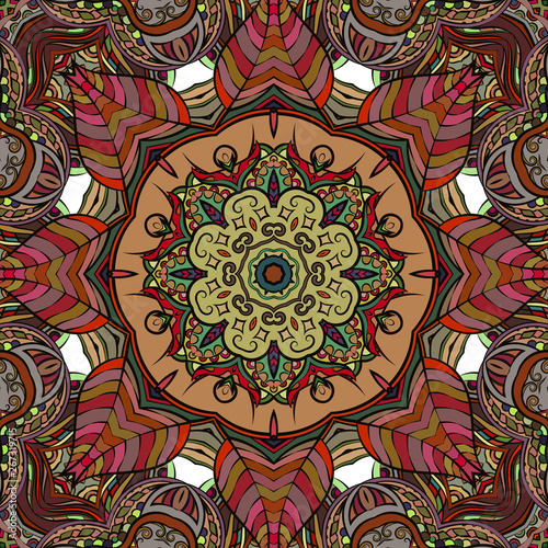 Seamless tracery tile mehndi design. Ethnic ornament, colorful doodle symmetry texture. Folk traditional spiritual tribal design. Curved doodling motif. Color art. Vector