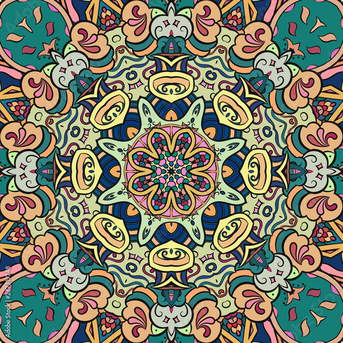 Seamless tracery tile mehndi design. Ethnic ornament, colorful doodle symmetry texture. Folk traditional spiritual tribal design. Curved doodling motif. Color art. Vector