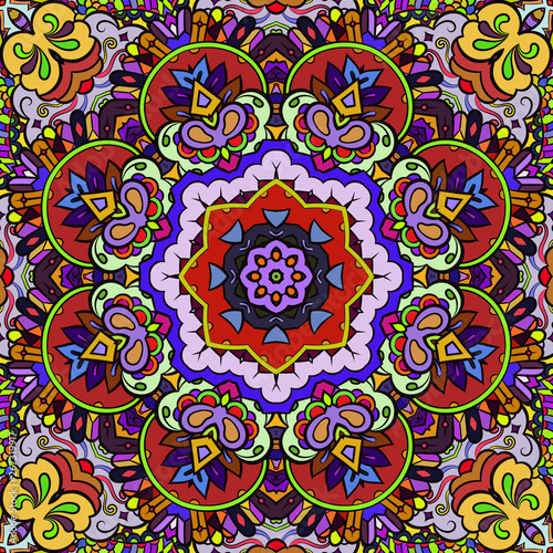 Seamless tracery tile mehndi design. Ethnic ornament, colorful doodle symmetry texture. Folk traditional spiritual tribal design. Curved doodling motif. Color art. Vector