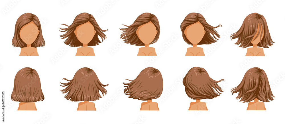 hair blown women set. Wide view The hair is blown away. Front, rear, left,  right. Beautiful hairstyle brown short hair of female. trendy haircut.  vector icon set isolated on white background. Stock