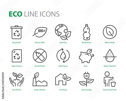 set of eco plastic icons, such as reuse, recycle, nature, green energy, zero waste