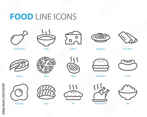set of food icons, such as restaurant, menu, sushi, rice, soup, noodle