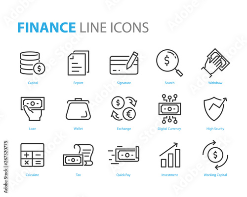 set of finance icons, such as currency, money, coin, statement, balance, safe, bank
