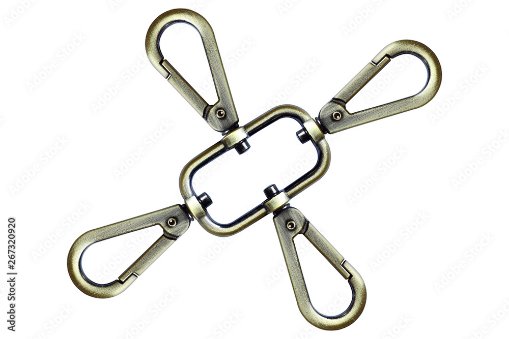 four brass carabiner for key chain isolated on white four brass carabiner for key chain isolated on white