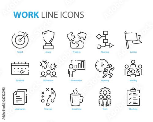 set of work icons, such as meeting, team, presentation, planning, strategy