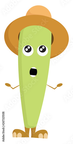 Cartoon funny surprised green monster in a brown summer hat, vector or color illustration.