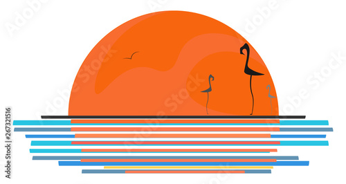 A landscape of a bird flying and the three flamingo birds along the seashore enjoying the sunset, vector or color illustration.