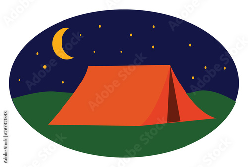 A landscape of a campsite with a brown tent over green grasslands at night, vector or color illustration.