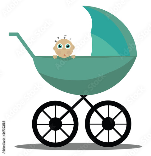 Image of blue pram - stroller, vector or color illustration.