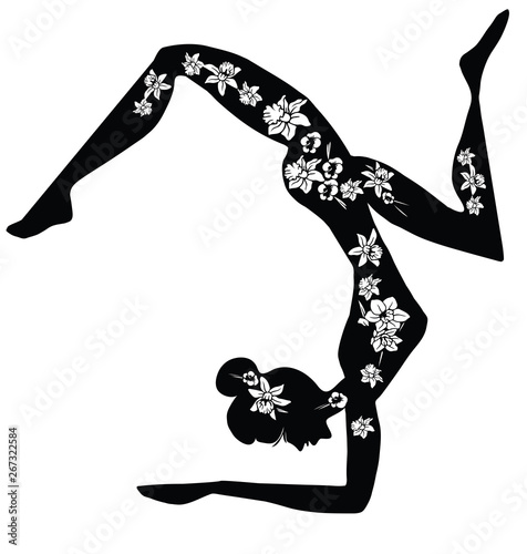 Practicing Yoga. Vector Illustration of a Woman Making Fitness Exercise. Silhouette with flower cut design