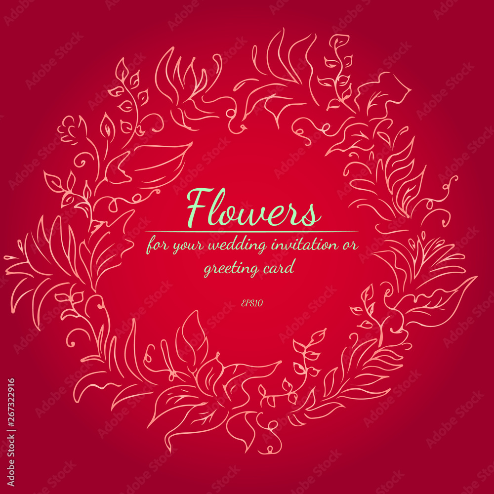 Wreath of roses or peonies flowers with red, carmine, sundown, fringy flower gradient colors. Floral frame design elements for your wedding invitation and greeting card. Hand drawn. Line art. Sketch