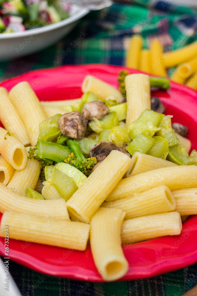 Pasta with vegetables, Italian macaroni on plate. Vegetarian vegan healthy food. Pasta with vegetables, Italian macaroni on plate. Vegetarian vegan healthy food.