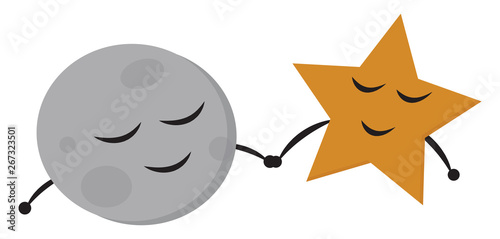 Moon and star holding hands, vector or color illustration.