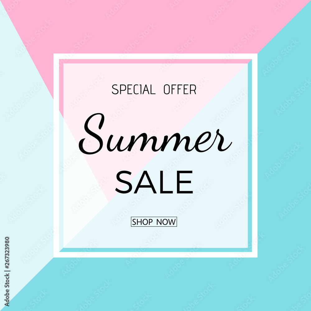 Summer sale banner. Summer Sale phrase on white, blue and pink background.