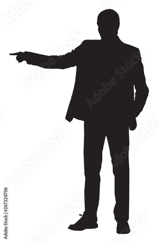 Silhouette of a man pointing with his finger, illustration, vector on white background.