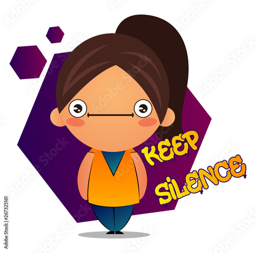 Speechless girl with brown ponytail and purple background, illustration, vector on white background.