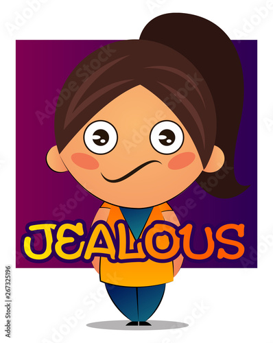 Girl with brown ponytail is jealous, illustration, vector on white background.