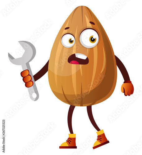 Almond has monkey metal wrench in his hands,  illustration, vector on white background.
