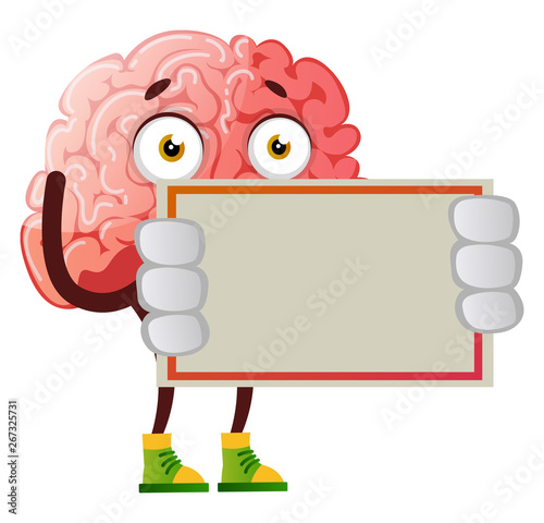 Brain is holding a piece of paper, illustration, vector on white background.