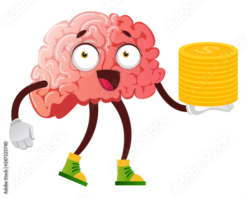 Brain holding coins in hand, illustration, vector on white background.