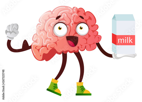 Brain drinking milk, illustration, vector on white background.