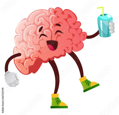 Brain is enjoying a soda, illustration, vector on white background.