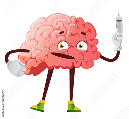 Brain holding a injection, illustration, vector on white background.