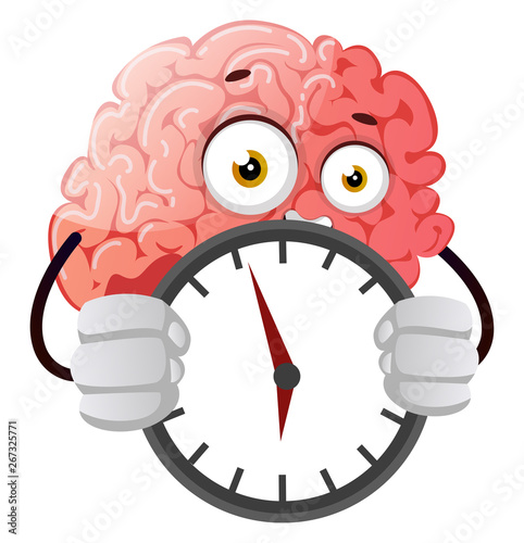 Brain holding a clock, illustration, vector on white background.