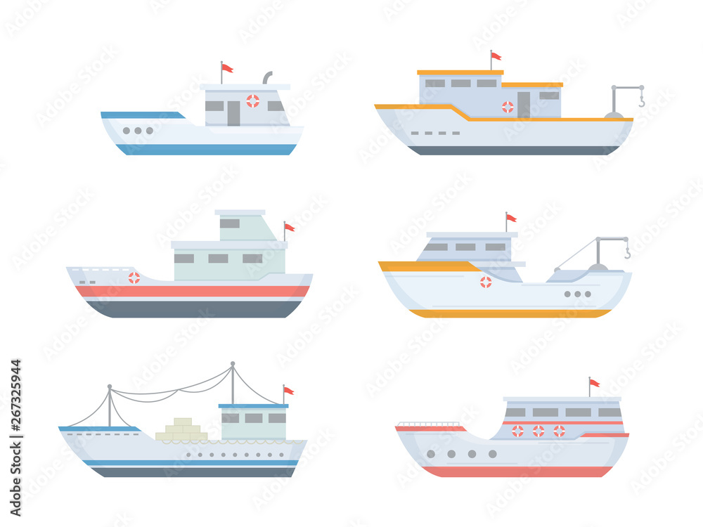 fishing boat set collections with various size and shape with modern flat style and color - vector