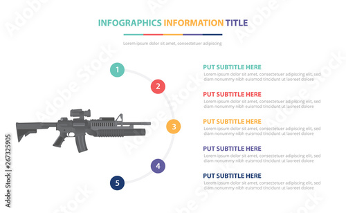 m-16 assault riffle infographic template concept with five points list and various color with clean modern white background - vector