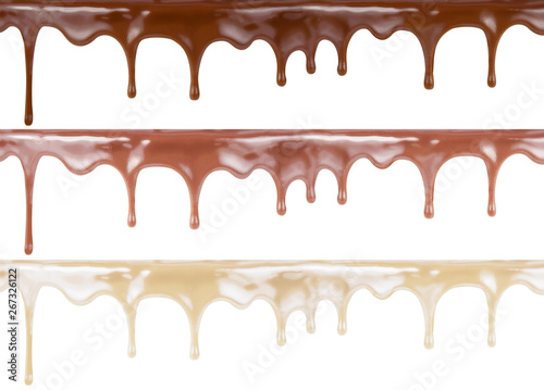 Fotografie Various melt chocolate on cake top isolated on background