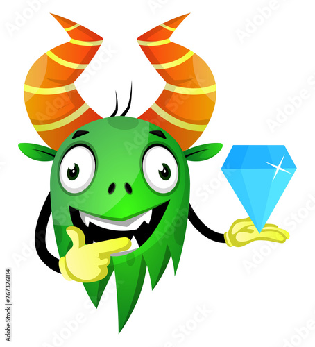 Cheerful monster found a diamond, illustration, vector on white background.
