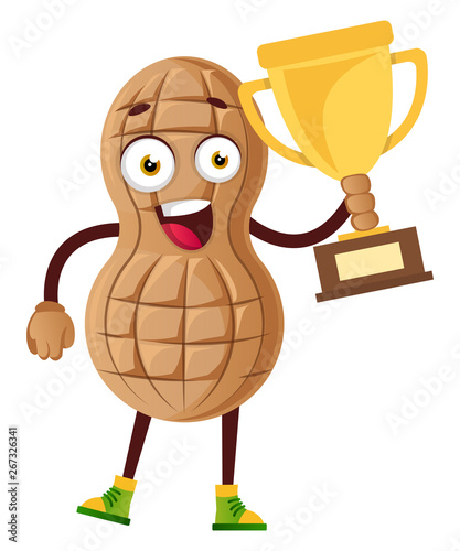 Peanut holding trophy, illustration, vector on white background.