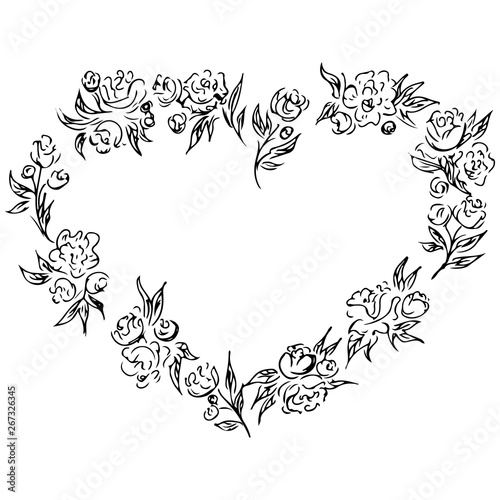 Wreath of black roses in form of heart isolated of white. Foral frame design elements for invitations, greeting cards, posters, blogs. Hand drawn illustration. Line art. Sketch