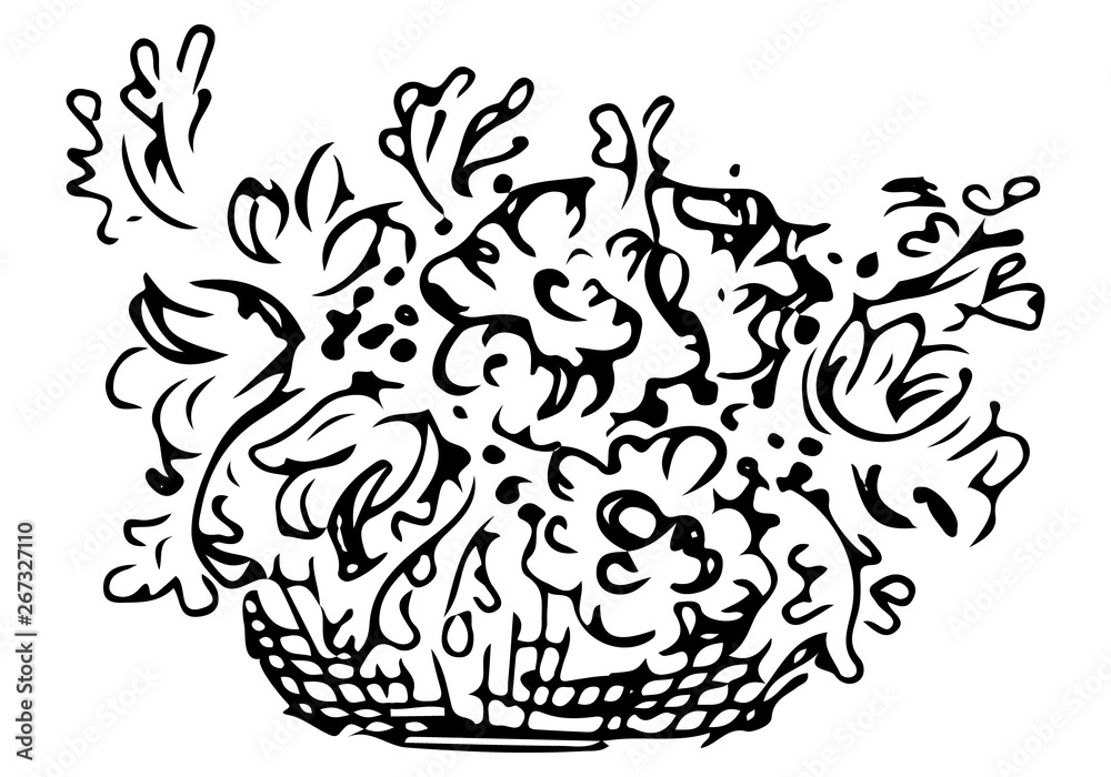 Bouquet of peonies flowers in a wood basket.  doodle floral image. Line art. Sketch