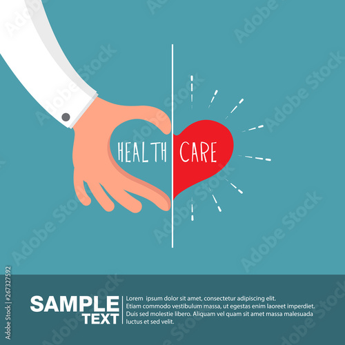 Health care concept: doctor hand and patient hand in shape of heart on blue background.