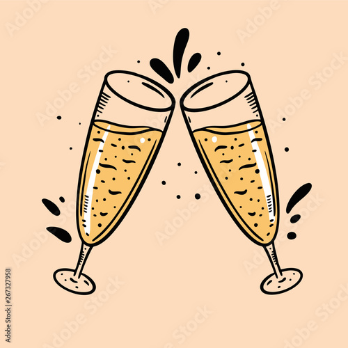 Cheers with hand drawn champagne and wine glasses. Cartoon style. Isolated on background.