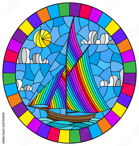 Illustration in stained glass style with an old ship sailing with rainbow sails against the sea and sun   oval image in a bright frame